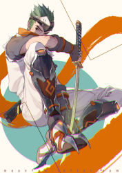 Rule 34 | 1boy, aged down, arm guards, armor, black eyes, bluesy, chromatic aberration, claw (weapon), covered mouth, cross-laced footwear, dutch angle, genji (overwatch), glowing, glowing sword, glowing weapon, green hair, helmet, highres, holding, holding sword, holding weapon, katana, knee up, light particles, looking away, looking to the side, male focus, overwatch, overwatch 1, pants, scabbard, scarf, shade, sheath, shin guards, short sleeves, sitting, solo, spiked hair, sword, torn clothes, torn sleeves, unsheathed, watermark, weapon, web address, white pants, young genji