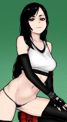 Rule 34 | 1girl, black hair, breasts, closed mouth, crop top, elbow gloves, elbow pads, final fantasy, final fantasy vii, final fantasy vii remake, fingerless gloves, gloves, gradient background, green background, knee up, light smile, long hair, looking at viewer, medium breasts, midriff, navel, no pants, panties, red eyes, red footwear, shoes, simple background, sneakers, solo, square enix, string panties, tank top, thighhighs, tifa lockhart, underwear, wabaki, white tank top