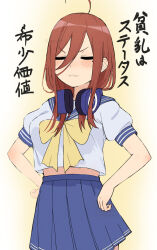 Rule 34 | 1girl, :3, a flat chest is a status symbol, ahoge, alternate hairstyle, blue sailor collar, blue skirt, blush stickers, bow, breasts, brown hair, closed eyes, closed mouth, commentary, cosplay, cowboy shot, go-toubun no hanayome, hair between eyes, hands on own hips, headphones, headphones around neck, highres, irarei (araisanblog), izumi konata, large breasts, long hair, lucky star, miniskirt, mole, mole under eye, nakano miku, pleated skirt, puffy short sleeves, puffy sleeves, sailor collar, school uniform, serafuku, shirt, short sleeves, skirt, smug, solo, standing, translated, twitter username, v-shaped eyebrows, white shirt, yellow bow, you&#039;re doing it wrong