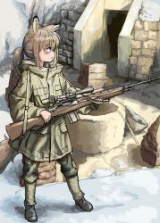 Rule 34 | 1girl, absurdres, animal ears, battle rifle, brown hair, camouflage, camouflage pants, fox ears, fox girl, green jacket, green pants, gun, highres, jacket, m14, original, pants, ponytail, rifle, scope, serious, sketch, solo, weapon, woodland camouflage, yihan world