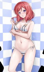Rule 34 | 1girl, arm under breasts, bare arms, bare shoulders, bikini, blue background, blush, breasts, breath, checkered background, cleavage, collarbone, gluteal fold, hand up, highres, looking at viewer, love live!, love live! school idol project, medium breasts, medium hair, navel, nishikino maki, parted lips, playing with own hair, purple eyes, r-binon, red hair, revision, side-tie bikini bottom, sidelocks, solo, standing, stomach, string bikini, striped bikini, striped clothes, sweat, sweatdrop, swimsuit, thighs, tile wall, tiles, wet, white bikini