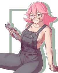Rule 34 | 1girl, black overalls, breasts, cleavage, commentary, dirty, dirty clothes, dirty face, english commentary, glasses, highres, holding, holding wrench, large breasts, naked overalls, original, overalls, rida (vibrantrida), round eyewear, sideboob, sitting, smile, solo, vibrantrida, wrench