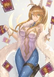 Rule 34 | 1girl, ahoge, animal ears, artoria pendragon (all), artoria pendragon (fate), artoria pendragon (swimsuit ruler) (fate), bare shoulders, blonde hair, blue neckwear, blue pantyhose, braid, breasts, card, cleavage, closed mouth, clothing cutout, detached collar, fake animal ears, fate/grand order, fate (series), feather boa, fishnet pantyhose, fishnets, french braid, gradient background, green eyes, grey background, hair between eyes, highleg, highleg leotard, highres, holster, janoukyo19, large breasts, leotard, long hair, looking at viewer, navel, navel cutout, necktie, pantyhose, playboy bunny, playing card, ponytail, rabbit ears, sidelocks, smile, thigh strap, thighs, tiara, white leotard, wrist cuffs