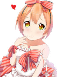 Rule 34 | 10s, 1girl, bare arms, bare shoulders, blush, bow, brown hair, collarbone, cross, cross earrings, dress, earrings, hair bow, heart, highres, hoshizora rin, jewelry, light brown hair, looking at viewer, love live!, love live! school idol festival, love live! school idol project, makuran, necklace, off shoulder, pendant, ribbon, sash, simple background, sleeveless, sleeveless dress, smile, solo, strap slip, striped bow, striped ribbon, white background, white dress, wrist ribbon, yellow eyes