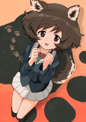 Rule 34 | 10s, 1girl, :3, :d, akiyama yukari, animal collar, animal ears, bad id, bad pixiv id, belt collar, black footwear, black jacket, blue jacket, blush, brown eyes, brown hair, buckle, buttons, clenched hands, collar, dog ears, dog tail, dot nose, eyebrows, from above, full body, girls und panzer, green shirt, hands up, highres, jacket, kemonomimi mode, kneehighs, long sleeves, looking at viewer, looking up, messy hair, military, military uniform, miniskirt, okayparium, open mouth, orange background, paw print, pleated skirt, pocket, shadow, shiny skin, shirt, shoes, short hair, skirt, smile, socks, solo, standing, tail, tareme, uniform, white skirt