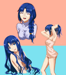 Rule 34 | 1girl, :d, alternate hair length, alternate hairstyle, armpits, axia-chan, blue background, blue eyes, blue hair, braid, braided ponytail, breasts, ciel (tsukihime), closed eyes, collarbone, cropped torso, facing viewer, glasses, hair over breasts, hair over shoulder, head tilt, highres, long hair, looking at viewer, medium breasts, naked towel, nude, open mouth, pink background, ponytail, profile, rimless eyewear, round eyewear, sketch, smile, sweater, towel, tsukihime, turtleneck, turtleneck sweater, two-tone background, tying hair, very long hair, wet, wet hair, white sweater, white towel