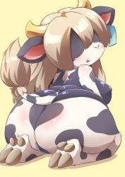 Rule 34 | 1girl, ass, blindfold, blonde hair, blush, brown hair, cow, female focus, furry, furry female, horns, huge ass, long hair, looking back, open mouth, simple background, solo, swimsuit, tail, thick thighs, thighs, ukan muri, wide hips, yellow background