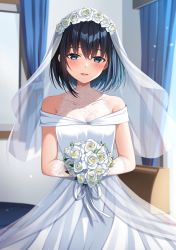 Rule 34 | 1girl, bare shoulders, black hair, blue eyes, blush, bouquet, breasts, bridal veil, bride, cleavage, collarbone, commentary request, covered collarbone, curtains, day, dress, flower, hair between eyes, highres, holding, holding bouquet, indoors, komori kuzuyu, looking at viewer, original, parted lips, rivier (kuzuyu), see-through, see-through cleavage, small breasts, smile, solo, veil, wedding dress, white dress, white flower, window
