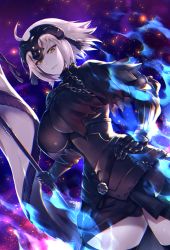 Rule 34 | 1girl, ahoge, breasts, chain, collar, commentary request, embers, fate/grand order, fate (series), fire, flag, gauntlets, hand on own hip, headpiece, holding, holding flag, jeanne d&#039;arc (fate), jeanne d&#039;arc alter (avenger) (fate), jeanne d&#039;arc alter (fate), large breasts, looking at viewer, matsumoto tomoyohi, short hair, smirk, solo, standing, thighhighs, upper body, white hair, yellow eyes, zettai ryouiki