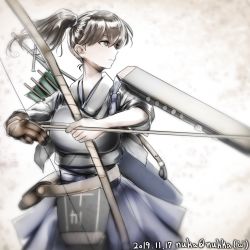 Rule 34 | 1girl, arrow (projectile), artist name, bow (weapon), brown eyes, brown hair, cowboy shot, dated, expressionless, flight deck, gloves, hair tie, highres, kaga (kancolle), kantai collection, looking to the side, muneate, nuka (nvkka), partially fingerless gloves, partly fingerless gloves, side ponytail, single glove, solo, tasuki, weapon, yugake