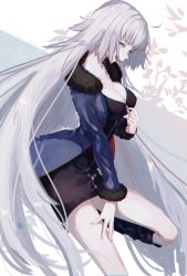 Rule 34 | 1girl, ahoge, black dress, black legwear, blue coat, boots, breasts, coat, collarbone, dress, fate/grand order, fate (series), fur-trimmed coat, fur trim, hair between eyes, jeanne d&#039;arc (fate), jeanne d&#039;arc alter (fate), jeanne d&#039;arc alter (ver. shinjuku 1999) (fate), long hair, looking to the side, medium breasts, nakaba (mode), official alternate costume, open mouth, short dress, silver hair, simple background, smile, solo, standing, thighs, undressing, white background, wicked dragon witch ver. shinjuku 1999, yellow eyes, zipper