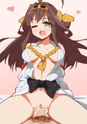 Rule 34 | 10s, 1boy, 1girl, 9law, admiral (kancolle), ahoge, bad id, bad pixiv id, bar censor, bottomless, breasts, censored, cowgirl position, girl on top, headgear, heart, hetero, japanese clothes, kantai collection, kongou (kancolle), male pubic hair, medium breasts, one eye closed, open clothes, penis, personification, pointless censoring, pubic hair, purple eyes, pussy, sex, solo focus, straddling, vaginal, wink
