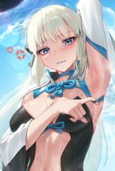 Rule 34 | 1girl, ahoge, anger vein, annoyed, arm up, armpit focus, armpits, blue eyes, blue lips, blue sky, blush, breasts, clothes pull, cloud, commentary request, day, embarrassed, fate/grand order, fate (series), highres, large breasts, lipstick, long hair, long sleeves, looking at viewer, makeup, morgan le fay (fate), outdoors, padoruu, parted lips, presenting armpit, pulling own clothes, sky, solo, steaming body, sweat, upper body, very sweaty, white hair