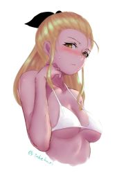 Rule 34 | 1girl, assam (girls und panzer), bad id, bad twitter id, bikini, black ribbon, blonde hair, blue eyes, blush, breasts, closed mouth, commentary, cropped torso, frown, girls und panzer, hair pulled back, hair ribbon, half-closed eyes, highres, long hair, looking at viewer, medium breasts, one-hour drawing challenge, ribbon, simple background, solo, sweatdrop, swimsuit, takefu jiin, twitter username, upper body, wet, white background, white bikini