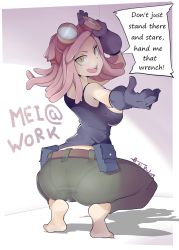 Rule 34 | 1girl, ass, barefoot, belt, boku no hero academia, breasts, english text, feet, from behind, full body, gloves, goggles, goggles on head, green pants, hatsume mei, highres, hot vr, looking at viewer, looking back, medium breasts, medium hair, open mouth, outstretched arms, pants, pantylines, pink hair, sideboob, smile, soles, speech bubble, squatting, tank top, tiptoes, toes, yellow eyes