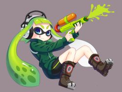 Rule 34 | 1girl, :p, ankle boots, bad id, bad nicoseiga id, bike shorts, blue eyes, boots, earmuffs, full body, green hair, green shirt, grey background, headphones, inkling, inkling girl, inkling player character, jacket, long sleeves, minamo25, monster girl, nintendo, paint, shirt, simple background, smile, solo, splatoon (series), splatoon 1, splattershot (splatoon), super soaker, sweater, tentacle hair, tongue, tongue out, track jacket