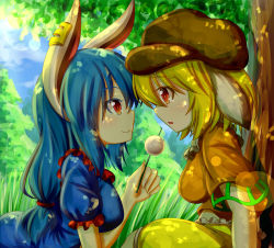 Rule 34 | 2girls, absurdres, animal ears, blonde hair, blue hair, crop top, dango, dappled sunlight, day, dior-zi, earclip, eye contact, floppy ears, food, grass, hat, heads together, highres, long hair, looking at another, low-tied long hair, multiple girls, orange shirt, outdoors, rabbit ears, red eyes, ringo (touhou), seiran (touhou), shirt, sitting, skewer, sky, smile, sunlight, tears, touhou, tree, under tree, wagashi, yuri