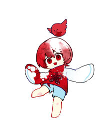 Rule 34 | 1boy, barefoot, blood, blood in hair, blood on clothes, blue shorts, chinese commentary, commentary request, lobotomy corporation, no nose, open mouth, personification, project moon, punishing bird, red eyes, shirt, short hair, shorts, simple background, sleeves past fingers, sleeves past wrists, smile, white background, white hair, white shirt, zhi (chengdizhe)