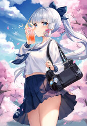 Rule 34 | 1girl, absurdres, ayaka (genshin impact), bag, black bag, black sailor collar, black skirt, blue eyes, blue neckerchief, blue sky, blunt bangs, blunt tresses, blush, breasts, bubble, cherry blossoms, closed mouth, clothes lift, cloud, commentary request, crop top, cup, day, disposable cup, drink, drinking straw, falling petals, floating hair, flower knot, genshin impact, hair ribbon, hand up, highres, holding, holding cup, holding drink, kamisato ayaka, kamisato ayaka (heytea), kamisato ayato, lalazyt, long hair, long sleeves, looking at viewer, midriff, mole, mole under eye, neckerchief, official alternate costume, outdoors, petals, pink ribbon, pleated skirt, ponytail, ribbon, sailor collar, school bag, school uniform, serafuku, shirt, shoulder bag, sidelocks, skirt, skirt lift, sky, small breasts, smile, snowflakes, solo, standing, thighs, tree, tress ribbon, water drop, white hair, white sailor collar, white shirt, wind, wind lift