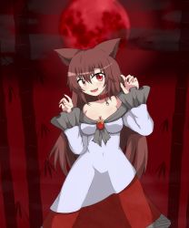Rule 34 | 1girl, animal ears, bamboo, bamboo forest, bare shoulders, breasts, brooch, brown hair, choker, cleavage, collarbone, covered navel, dress, fang, fangs, fingernails, forest, full moon, highres, imaizumi kagerou, jewelry, long fingernails, long hair, looking at viewer, moon, nail polish, nature, open mouth, red eyes, red moon, seo haruto, solo, touhou, wolf ears