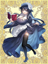 Rule 34 | 1girl, :d, apron, black hair, black thighhighs, bonnet, book, breasts, cleavage, commission, dress, full body, hi-na1, juliet sleeves, kerberos blade, large breasts, long hair, long sleeves, looking at viewer, maid apron, open book, open mouth, puffy sleeves, simple background, skirt hold, smile, solo, thighhighs, yellow background