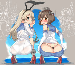Rule 34 | 2girls, anchor symbol, arrow (symbol), ass, black panties, blonde hair, blush, brown hair, chitose (kancolle), chiyoda (kancolle), cosplay, costume switch, dress, elbow gloves, embarrassed, from behind, gloves, green eyes, hair between eyes, hair ornament, hair ribbon, high heels, imazon, kantai collection, long hair, looking back, microskirt, miniskirt, multiple girls, open mouth, orange eyes, panties, pleated skirt, ribbon, ryuujou (kancolle), sailor collar, sailor dress, school uniform, see-through, serafuku, shimakaze (kancolle), short dress, short hair, skirt, smile, squatting, tears, thong, translation request, underwear, water, whale tail (clothing), white gloves, white panties, yukikaze (kancolle), zuihou (kancolle)