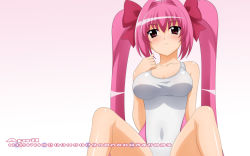 Rule 34 | 10s, 1girl, 2010, april, breasts, calendar, competition swimsuit, di gi charat, female focus, gradient background, hair intakes, hair ribbon, highres, long hair, one-piece swimsuit, pink hair, red eyes, ribbon, shiny clothes, simple background, sitting, smile, solo, spread legs, sugimura tomokazu, swimsuit, twintails, usada hikaru, very long hair, wallpaper
