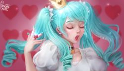 Rule 34 | 1girl, aqua hair, aqua nails, artist name, blurry, choker, collarbone, crown, depth of field, dress, earrings, eyelashes, closed eyes, hair ribbon, hatsune miku, heart, heart background, highres, jewelry, lace ribbon, lipstick, makeup, mini crown, nail polish, nose, open mouth, pearl earrings, pimienta kast, pink background, pink lips, puffy short sleeves, puffy sleeves, realistic, ribbon, ring, ringlets, short sleeves, signature, solo, sparkle, twintails, vocaloid, white dress, world is mine (vocaloid)
