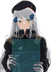 Rule 34 | 1girl, artist name, beret, blue hair, breasts, closed mouth, expressionless, girls&#039; frontline, gloves, green eyes, hair between eyes, hair ornament, hairclip, hat, highres, hk416 (girls&#039; frontline), holding, holding notepad, light blue hair, long hair, looking down, notepad, solo, sutekina awa, tactical clothes, teardrop facial mark, teardrop tattoo, upper body, white background, white gloves