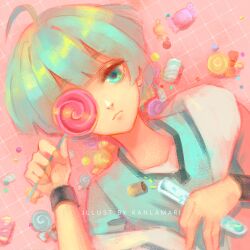 Rule 34 | 1boy, ahoge, artist name, black wrist cuffs, blue eyes, blue hair, blue shirt, blue sleeves, blunt bangs, candy, closed mouth, cork, covering one eye, double-parted bangs, english text, food, highres, holding, holding candy, holding food, holding lollipop, holding test tube, kanlamari, layered sleeves, light frown, lips, lollipop, looking at viewer, lying, male focus, on back, original, pink background, shirt, short hair, short sleeves, solo, sprinkles, swirl lollipop, test tube, tile floor, tiles, upper body, watermark, white undershirt, wrist cuffs