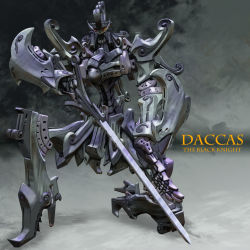 Rule 34 | character name, daccas, english text, five star stories, highres, igunuk, mecha, no humans, realistic, robot, science fiction, solo, sword, weapon