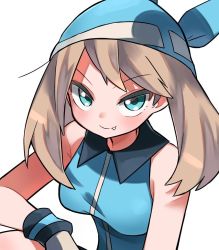 Rule 34 | 1girl, bandana, blue bandana, blue shirt, blush, brown hair, closed mouth, collared shirt, commentary request, creatures (company), fang, fang out, game freak, gloves, green eyes, hyou (hyouga617), long hair, looking at viewer, may (pokemon), nintendo, pokemon, pokemon adventures, shirt, simple background, sleeveless, sleeveless shirt, smile, solo, v-shaped eyebrows, white background