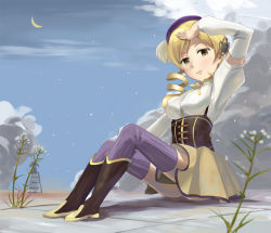 Rule 34 | 10s, 1girl, arm up, beret, blonde hair, boots, breasts, cloud, corset, day, detached sleeves, drill hair, female focus, full body, hair ornament, hat, kanokoga, magical girl, mahou shoujo madoka magica, mahou shoujo madoka magica (anime), moon, nature, outdoors, plant, pleated skirt, sitting, skirt, sky, solo, star (sky), thighhighs, tomoe mami, yellow eyes