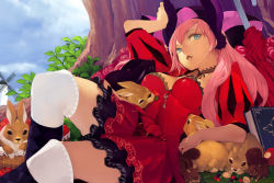 Rule 34 | 1girl, alternate costume, animal, animal ears, arm up, black neckwear, blue eyes, book, breasts, choker, closed umbrella, cloud, cloudy sky, dress, female focus, key, knee up, large breasts, legs, lips, long hair, looking at viewer, lying, megurine luka, on back, open mouth, outdoors, pink hair, plant, puffy short sleeves, puffy sleeves, rabbit, rabbit ears, red dress, short sleeves, sky, solo, squirrel, thighhighs, toro (konirio), tree, umbrella, vocaloid, white thighhighs, windmill