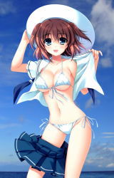 Rule 34 | 1girl, :d, absurdres, alpha (yukai na nakamatachi), aqua eyes, bikini, breasts, brown hair, character request, cleavage, cloud, day, front-tie top, hat, highres, medium breasts, navel, ocean, open clothes, open mouth, open shirt, school uniform, serafuku, shirt, short hair, short twintails, side-tie bikini bottom, skirt, skirt around one leg, sky, smile, solo, source request, swimsuit, twintails, undressing