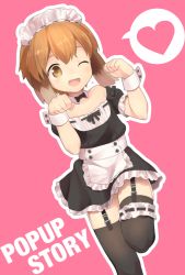 Rule 34 | 1boy, alternate costume, animal ears, bad id, bad twitter id, blush, bow, bowtie, brown eyes, brown hair, clothes lift, cocolo (co co lo), copyright name, crossdressing, detached collar, dog boy, dog ears, dog tail, dress, enmaided, garter straps, heart, highres, inactive account, leg up, maid, maid headdress, male focus, open mouth, panties, pantyshot, paw pose, pop-up story, ribbon, short hair, simple background, skirt, skirt lift, solo, spoken heart, tail, thighhighs, trap, underwear, wrist cuffs, yuuri lessen