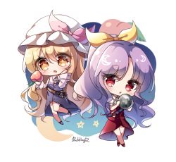 Rule 34 | + +, 2girls, artist name, black footwear, blonde hair, blush, bow, chibi, collared shirt, commentary request, crescent moon, crossed legs, dress, dress shirt, eyes visible through hair, food, fruit, hair bow, hand on own cheek, hand on own face, hat, hat bow, highres, holding, long hair, long sleeves, mob cap, moon, multiple girls, open mouth, peach, pink bow, ponytail, pudding (skymint 028), puffy short sleeves, puffy sleeves, purple dress, purple hair, red dress, red eyes, red footwear, shirt, short sleeves, siblings, sisters, star (symbol), strap slip, touhou, watatsuki no toyohime, watatsuki no yorihime, wavy hair, white headwear, white shirt, yellow bow, yellow eyes