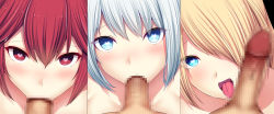 Rule 34 | 3girls, :&gt;=, blonde hair, blue eyes, blush, censored, daiaru, embarrassed, fellatio, from above, heart, heart-shaped pupils, highres, licking, licking penis, long hair, looking at viewer, mosaic censoring, multiple girls, multiple views, open mouth, oral, original, penis, pov, red eyes, red hair, senhime bad ending ii, symbol-shaped pupils, tongue, tongue out, white hair