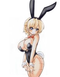 Rule 34 | 1girl, animal ears, black leotard, black pantyhose, blonde hair, blue eyes, blush, bow, bowtie, braid, breasts, closed mouth, collar, commentary, cowboy shot, darjeeling (girls und panzer), detached collar, earrings, fake animal ears, fake tail, fishnet pantyhose, fishnets, girls und panzer, highres, jewelry, large breasts, leotard, looking at viewer, pantyhose, playboy bunny, rabbit ears, rabbit tail, red bow, red bowtie, short hair, simple background, smile, solo, standing, strapless, strapless leotard, stud earrings, tail, twin braids, white background, white collar, wrist cuffs, yutakasan-love