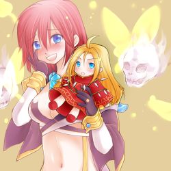 Rule 34 | 1girl, ahat (ragnarok online), black gloves, blonde hair, blue eyes, blush, breasts, character doll, cleavage, coat, commentary request, doll, flaming skull, floating skull, gloves, grey coat, halterneck, hand on own cheek, hand on own face, holding, holding doll, long sleeves, looking at viewer, manoji, medium breasts, open mouth, pink hair, ragnarok online, short hair, smile, solo, suspenders, textless version, upper body, warlock (ragnarok online)