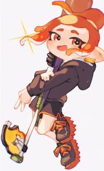 Rule 34 | 1girl, :d, absurdres, black footwear, black hoodie, black shorts, earrings, hand on own arm, high ponytail, highres, hood, hood down, hoodie, inari1369, jewelry, long sleeves, nintendo, octoling, octoling girl, octoling player character, open mouth, orange eyes, orange hair, ponytail, shoelaces, shoes, short hair, shorts, simple background, smile, solo, splat charger (splatoon), splatoon (series), suction cups, tentacle hair, v, white background