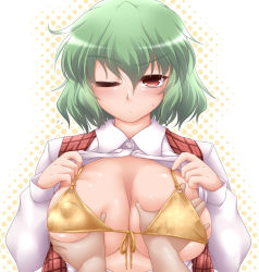 Rule 34 | 1girl, bikini, bikini top only, blush, bra, grabbing another&#039;s breast, breasts, female focus, floral print, grabbing, green hair, highres, kazami yuuka, large breasts, lingerie, one eye closed, open clothes, open shirt, open vest, red eyes, shirt, short hair, solo focus, swimsuit, touhou, underwear, upper body, vest, white bra, wink, yoshi tama