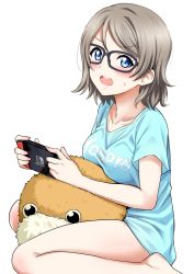 Rule 34 | 1girl, aqua shirt, bare legs, barefoot, black-framed eyewear, blue eyes, bottomless, breast rest, breasts, brown hair, clothes writing, glasses, highres, looking at viewer, love live!, love live! sunshine!!, medium breasts, naked shirt, nintendo switch, no bra, open mouth, sankuro (agoitei), shirt, short hair, simple background, sitting, solo, stuffed animal, stuffed toy, sweatdrop, t-shirt, watanabe you, white background