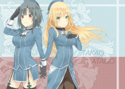 Rule 34 | 10s, 2girls, atago (kancolle), black hair, blonde hair, blue eyes, blush, breasts, character name, flower, garter straps, gloves, green eyes, holding hands, hand on own chest, kantai collection, long hair, multiple girls, pajant, pantyhose, red eyes, salute, short hair, simple background, striped, striped background, takao (kancolle), thighhighs, uniform