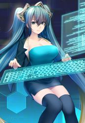 Rule 34 | 1girl, blazer, blue dress, blue eyes, blue hair, breasts, cleavage, dress, hair between eyes, haruno suzune, holographic interface, jacket, keyboard, large breasts, league of legends, long hair, looking at viewer, pink lips, screen, sitting, smile, solo, sona (league of legends), strapless, strapless dress, thighhighs, twintails, very long hair
