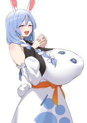 Rule 34 | 1girl, absurdres, alternate breast size, animal ears, apron, black bodysuit, blue hair, bodysuit, bow, braid, breasts, detached sleeves, hair bow, hair over shoulder, highres, hololive, huge breasts, looking at viewer, mature female, multicolored hair, noe (ppppriver), open mouth, orange eyes, pekomama, rabbit-shaped pupils, rabbit ears, rabbit tail, short eyebrows, smile, solo, streaked hair, symbol-shaped pupils, tail, virtual youtuber, white apron, white background, white hair, white sleeves