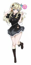Rule 34 | 1girl, aqua eyes, black shirt, black skirt, blonde hair, boku wa tomodachi ga sukunai, boots, breasts, butterfly hair ornament, closed mouth, commentary, digital media player, frilled skirt, frills, full body, hair ornament, hands up, headphones, highres, kashiwazaki sena, knee boots, large breasts, long hair, looking at viewer, musical note, name tag, partially unbuttoned, shirt, simple background, skirt, solo, speech bubble, standing, standing on one leg, thighhighs, watanabe yoshihiro, white background