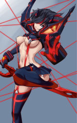 Rule 34 | 1girl, ass, black hair, blue background, blue eyes, breasts, closed mouth, gloves, gradient background, hair ornament, highres, kill la kill, long sleeves, looking at viewer, matoi ryuuko, medium breasts, multicolored hair, navel, nico-mo, pleated skirt, red hair, revealing clothes, senketsu, short hair, skirt, solo, standing, standing on one leg, two-tone hair