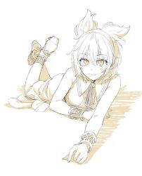 Rule 34 | 1girl, akizuki haruhi, anklet, bare arms, bare legs, bracelet, closed mouth, feet up, hair between eyes, jewelry, looking at viewer, lying, monochrome, on stomach, pointy hair, sandals, shirt, simple background, skirt, smile, solo, touhou, toyosatomimi no miko, white background
