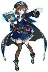 Rule 34 | 1girl, :o, belt, belt pouch, black cape, black choker, black footwear, black thighhighs, blue eyes, blue skirt, book, bottle, breasts, brown eyes, brown hair, cape, chain, choker, cleavage, full body, gemini seed, hair ornament, hat, holding, holding book, long sleeves, looking at viewer, medium breasts, o-ring, official art, open book, outstretched hand, potion, pouch, short hair, skirt, solo, standing, thighhighs, transparent background, vial